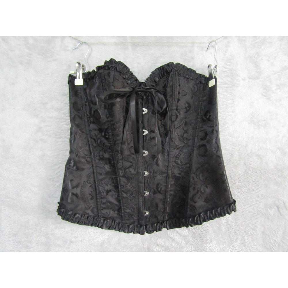 Black Damask Floral Satin Corset Top Ruffle Trim Lace Up Back Goth Victorian L